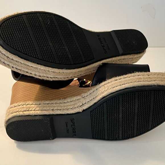 Sperry "Plush Wave" Wedge Black Leather & Jute Sandals ~ Women's Size 9.5M ~ EUC - Picture 11 of 13